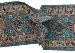 Full view of New Kazak rug from Pakistan, 208 × 73 cm in Blue tones