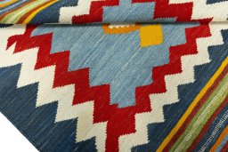 Full view of New Kilim Sofre rug from Turkey, 114 × 109 cm in Multi Color tones