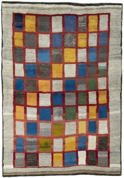 Full view of 2000s Persian Gabbeh rug from Pakistan, 212 × 148 cm in Multi Color tones