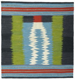Full view of New Kilim Sofre rug from Turkey, 102 × 96 cm in Multi Color tones