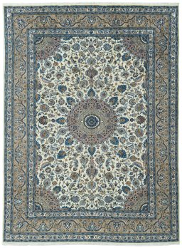 Full view of 2000s Kashmar rug from Iran / Persia, 340 × 248 cm in Beige tones