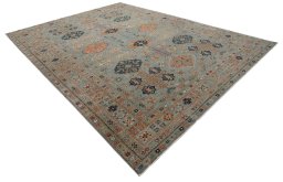 Corner detail of New Kazak rug showing border pattern and Wool pile