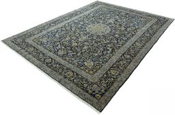 Corner detail of New Kashan rug showing border pattern and Cork pile