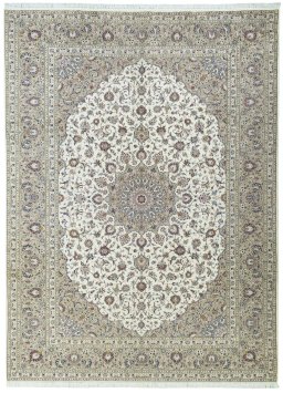 Full view of 2000s Kashan rug from Iran / Persia, 403 × 297 cm in Beige tones