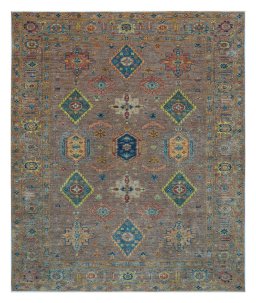Full view of New Kazak rug from Pakistan, 305 × 252 cm in Brown tones