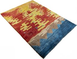 Close-up detail of 2000s Persian Gabbeh rug from Pakistan showing Wool weave