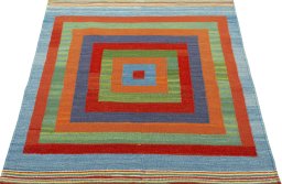 Close-up detail of New Kilim Sofre rug from Turkey showing Wool weave