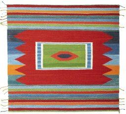 Full view of New Kilim Sofre rug from Turkey, 110 × 116 cm in Multi Color tones