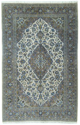 Full view of 2000s Kashan rug from Iran / Persia, 237 × 152 cm in Beige tones