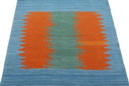Corner detail of New Kilim Sofre rug showing border pattern and Wool pile