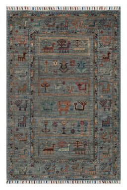 Full view of New Samarkand rug from Pakistan, 121 × 82 cm in Gray tones