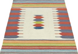 Close-up detail of New Kilim Sofre rug from Turkey showing Wool weave