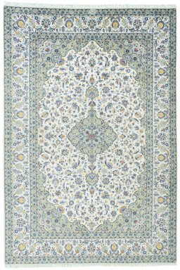 Full view of New Kashan rug from Iran / Persia, 305 × 206 cm in Beige tones