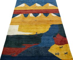 Surface texture of 2000s Persian Gabbeh rug with natural Wool and intricate pattern