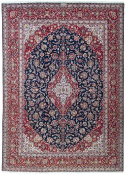 Full view of 2000s Kashan rug from Iran / Persia, 378 × 273 cm in Blue tones
