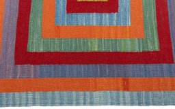 Close-up detail of New Kilim Sofre rug from Turkey showing Wool weave