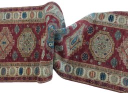 Full view of New Kazak rug from Pakistan, 283 × 82 cm in Red tones
