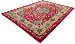 Corner detail of 2000s Kashan rug showing border pattern and Wool pile