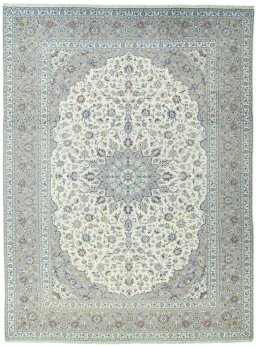 Full view of 2000s Kashan rug from Iran / Persia, 392 × 296 cm in Beige tones