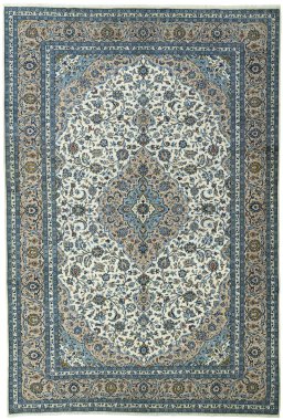 Full view of 2000s Kashan rug from Iran / Persia, 438 × 297 cm in Beige tones