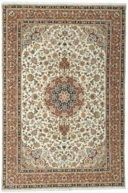 Full view of 2000s Tabriz 50/60/70 Raj rug from Iran / Persia, 300 × 202 cm in Beige tones