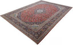 Corner detail of New Kashan rug showing border pattern and Cork pile