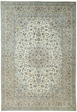 Full view of 2000s Kashan rug from Iran / Persia, 490 × 336 cm in Beige tones
