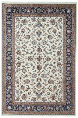 Full view of 2000s Mashad rug from Iran / Persia, 288 × 195 cm in Beige tones