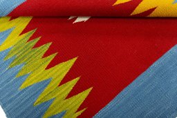 Full view of New Kilim Sofre rug from Turkey, 93 × 91 cm in Multi Color tones