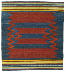 Full view of New Kilim Sofre rug from Turkey, 115 × 103 cm in Multi Color tones