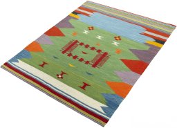 Corner detail of New Kilim Sofre rug showing border pattern and Wool pile