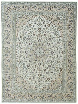 Full view of 2000s Kashan rug from Iran / Persia, 395 × 295 cm in Beige tones