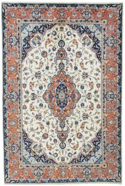 Full view of 2000s Kashan rug from Iran / Persia, 293 × 195 cm in Beige tones