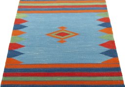 Close-up detail of New Kilim Sofre rug from Turkey showing Wool weave