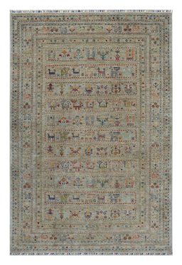 Full view of New Samarkand rug from Pakistan, 245 × 168 cm in Beige tones