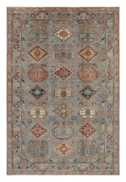 Full view of New Kazak rug from Pakistan, 296 × 199 cm in Gray tones