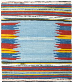 Full view of New Kilim Sofre rug from Turkey, 99 × 86 cm in Multi Color tones