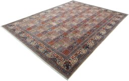 Corner detail of 2000s Moud rug showing border pattern and Wool pile