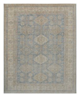 Full view of New Kazak rug from Pakistan, 299 × 242 cm in Blue tones