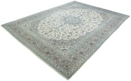 Corner detail of 2000s Kashan rug showing border pattern and Wool pile