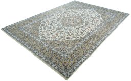 Corner detail of 2000s Kashan rug showing border pattern and Wool pile