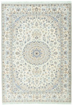 Full view of New Nain rug from Iran / Persia, 293 × 210 cm in Beige tones