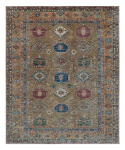 Full view of New Kazak rug from Pakistan, 304 × 244 cm in Yellow tones