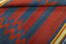 Full view of New Kilim Sofre rug from Turkey, 115 × 103 cm in Multi Color tones