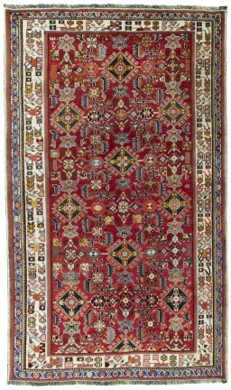 Full view of 2000s Shiraz rug from Iran / Persia, 236 × 141 cm in Red tones
