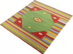 Corner detail of New Kilim Sofre rug showing border pattern and Wool pile