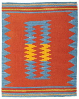 Full view of New Kilim Sofre rug from Turkey, 115 × 92 cm in Multi Color tones