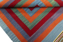 Full view of New Kilim Sofre rug from Turkey, 109 × 99 cm in Multi Color tones