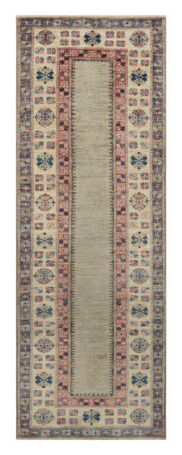 Full view of New Kazak rug from Pakistan, 209 × 72 cm in Beige tones