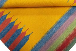 Full view of New Kilim Sofre rug from Turkey, 101 × 98 cm in Multi Color tones